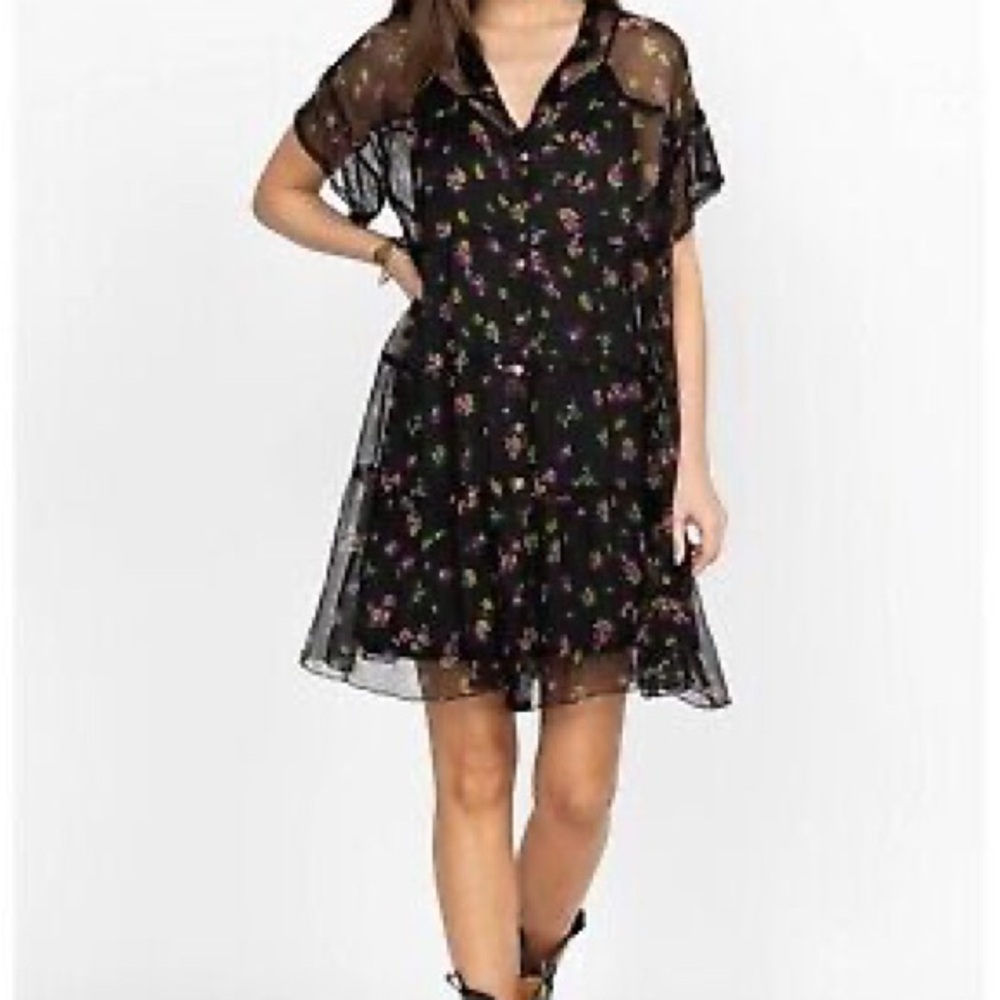 Johnny Was Black floral sheer Tiered dress